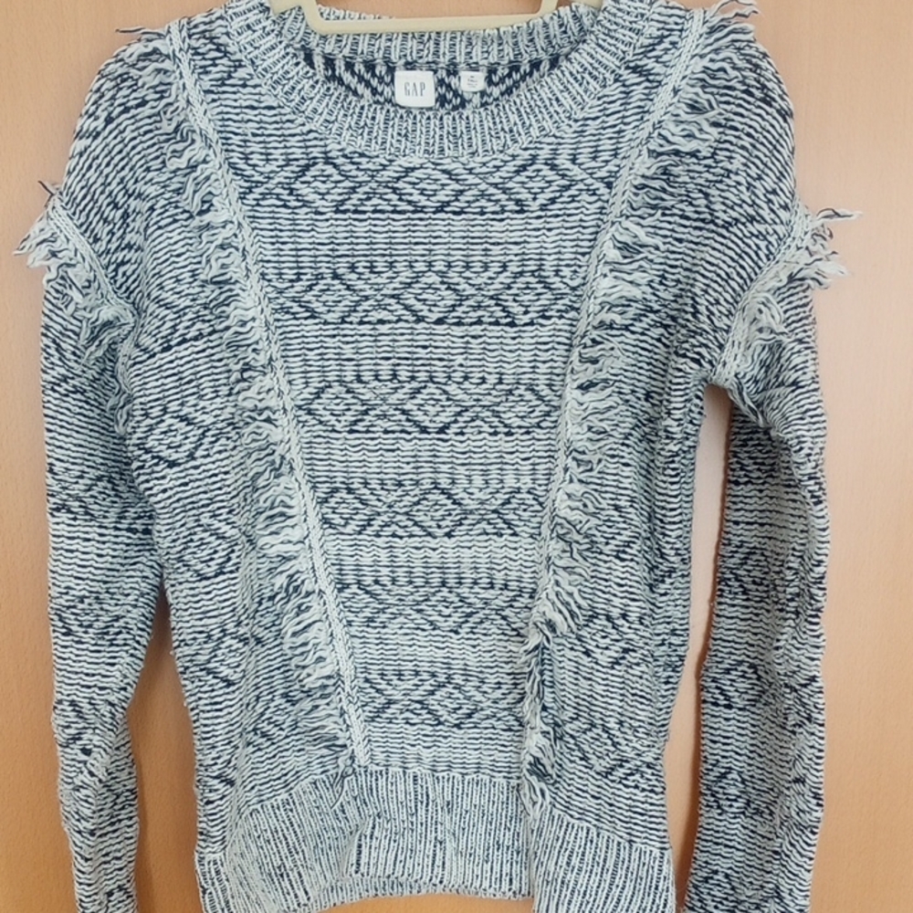 GAP Women's Black and White Sweater Wool Blend Boho Fringe